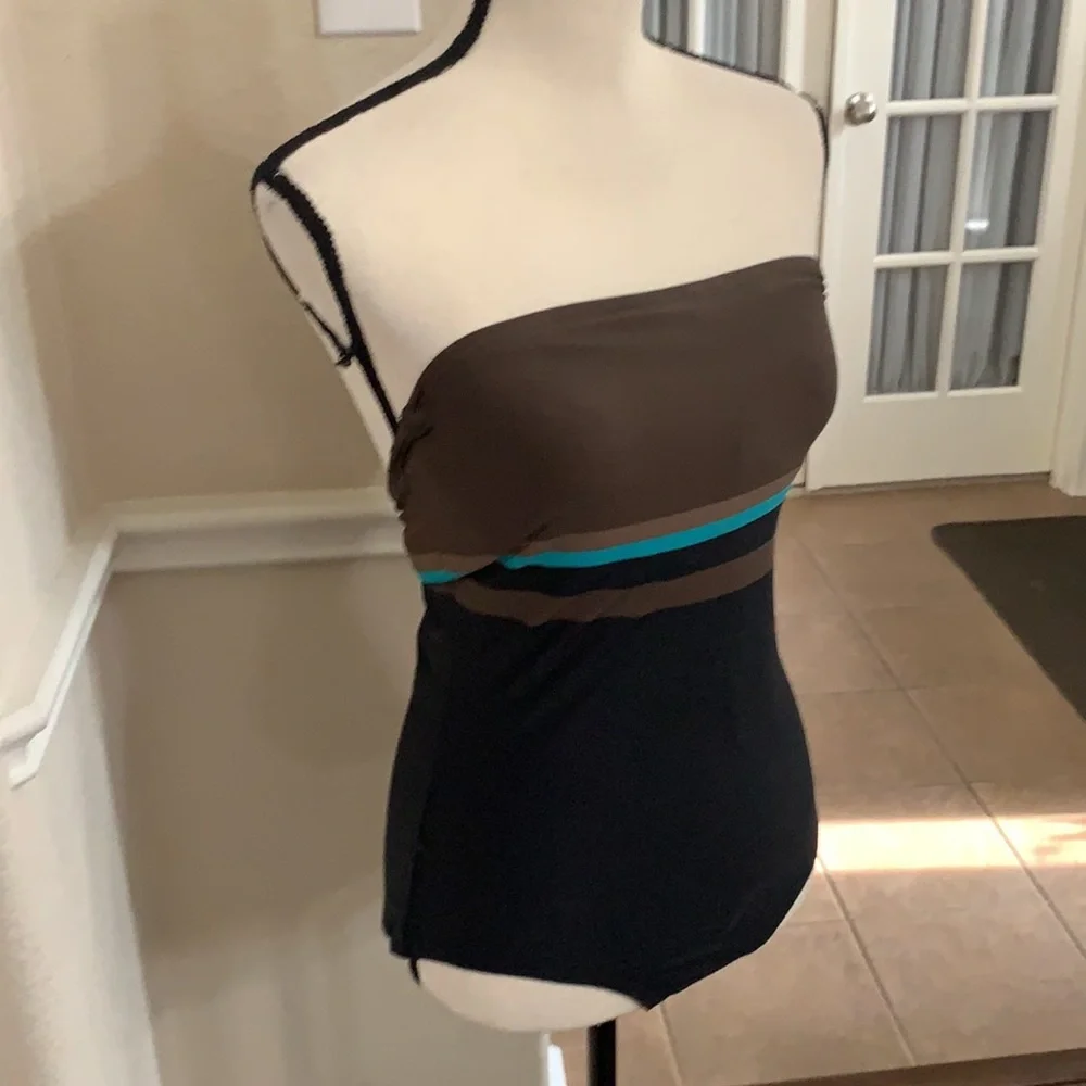 DKNY black, brown & teal striped one piece swimsuit halter Size M - Picture 5 of 17